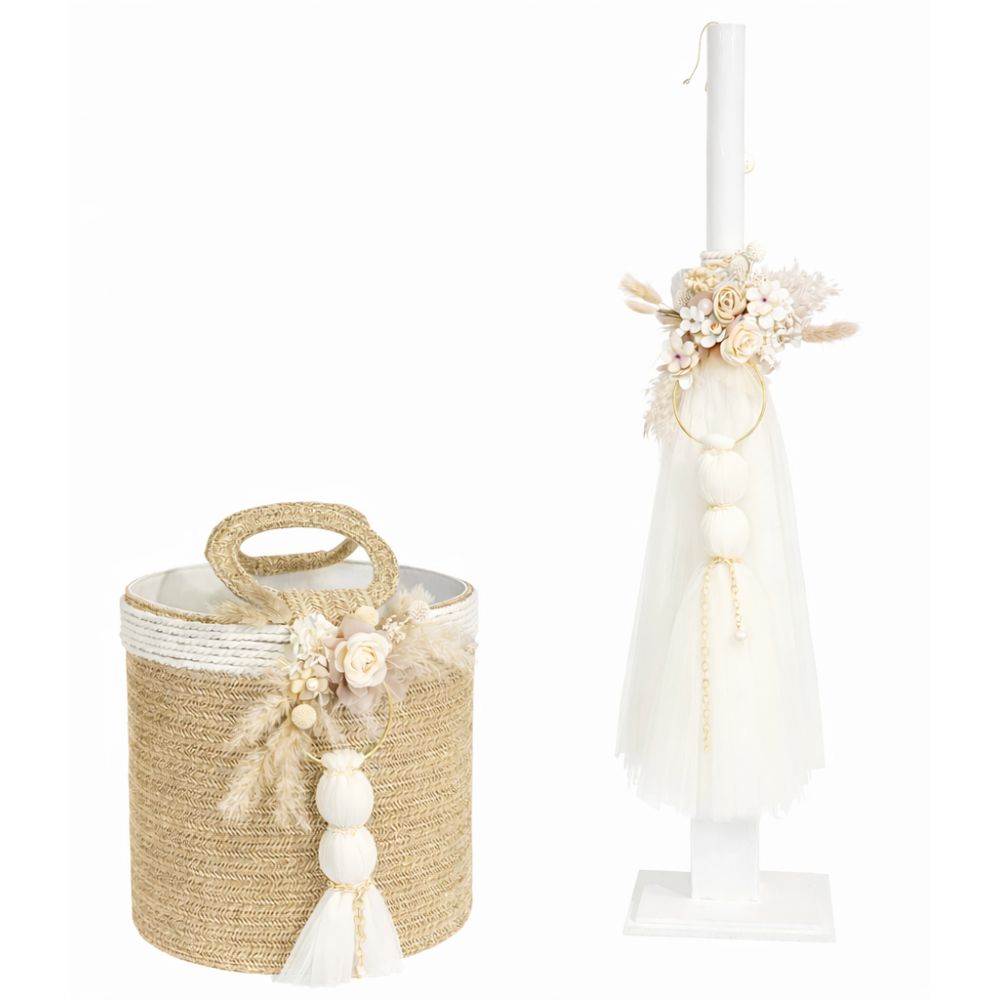 photo139 Σετ με καπελιέρα ψάθινη & κρίκο pampas εκρού 3084-3085-3086 - Image 1