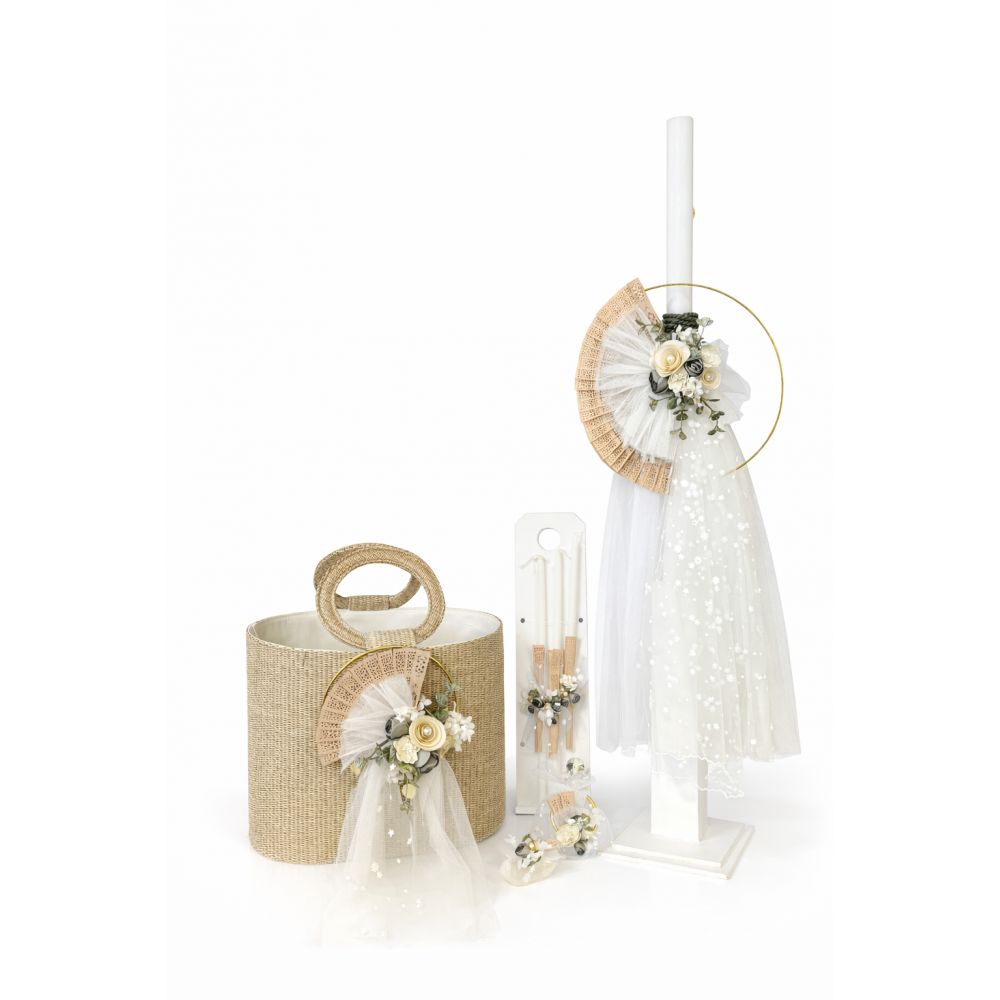 photo150 Σετ βάπτισης με ψάθινη κούτα βεντάλια με κρίκους 3096-3097-3098 - Image 1